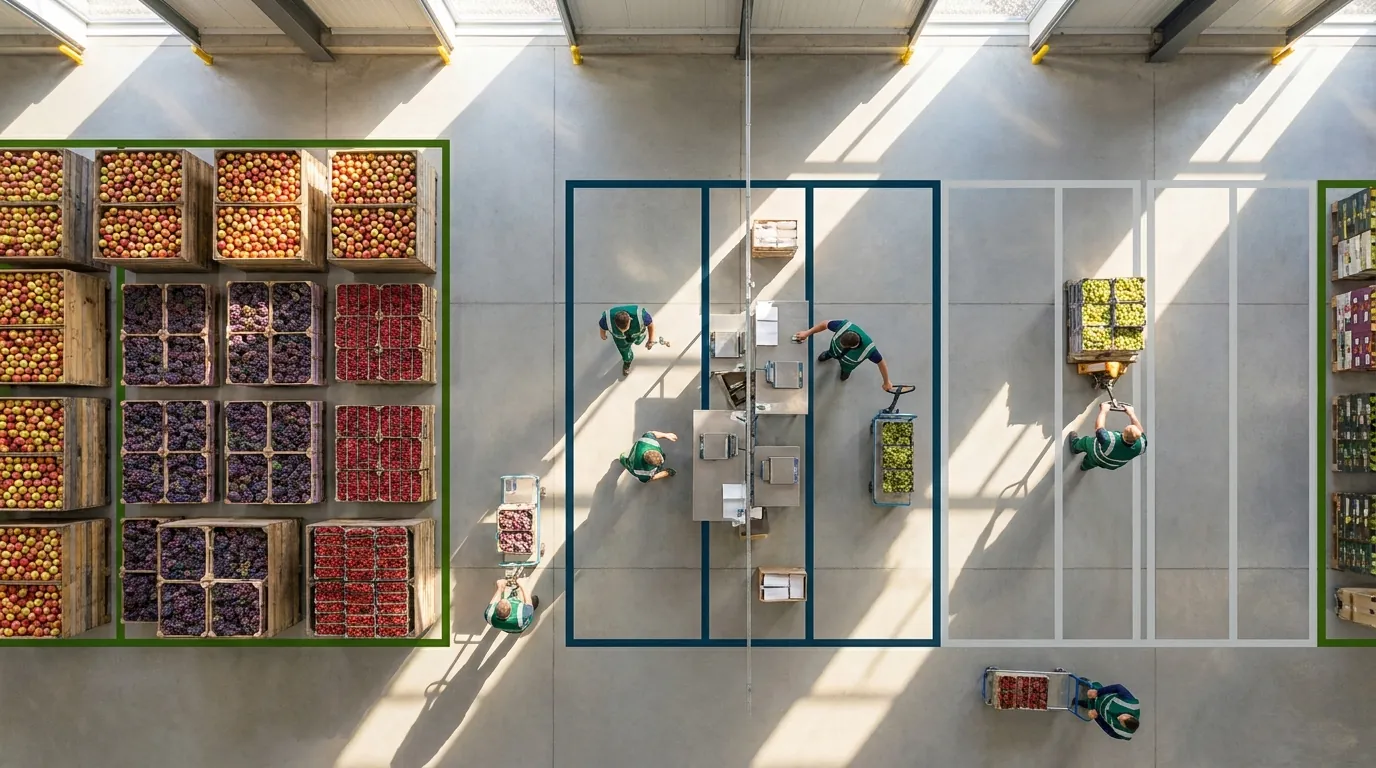 Aerial view of organized produce warehouse zones and crew