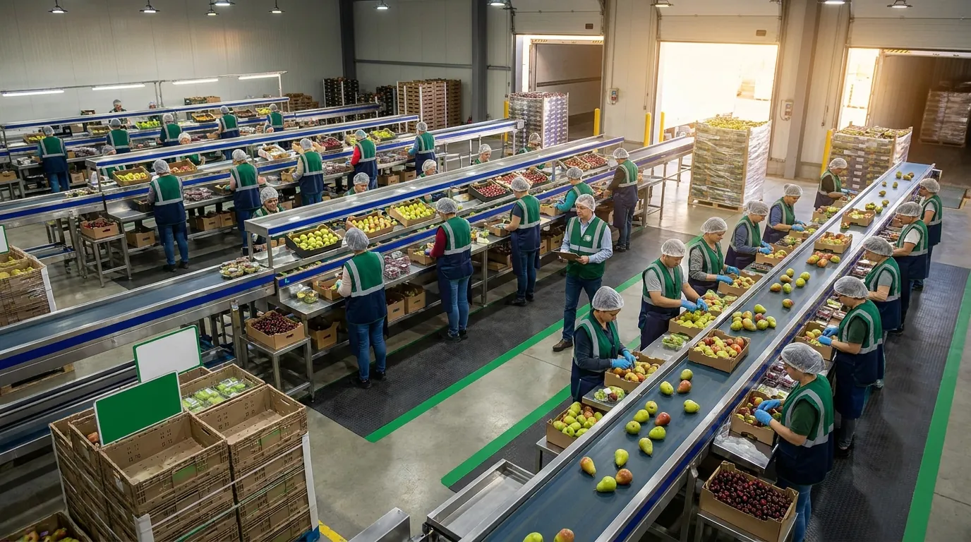 Wide shot of fruit packing line with harvest crew