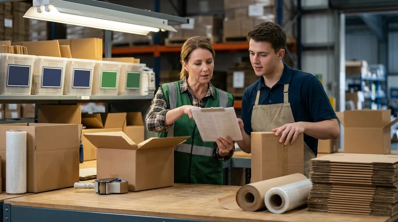 Two warehouse workers reviewing printed pick list at packing station