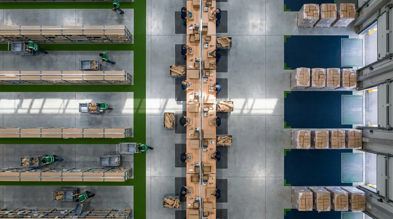 Aerial view of pick, pack, and ship warehouse zones