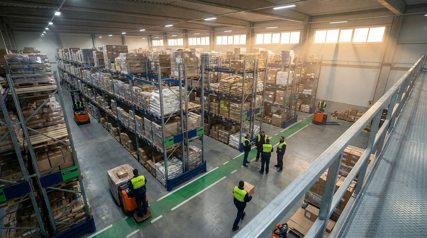 Elevated wide shot of busy distribution center operations