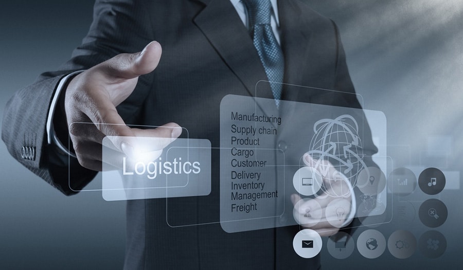 businessman hand shows logistics diagram as concept