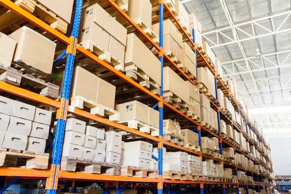 boxes stacked on shelves in a warehouse