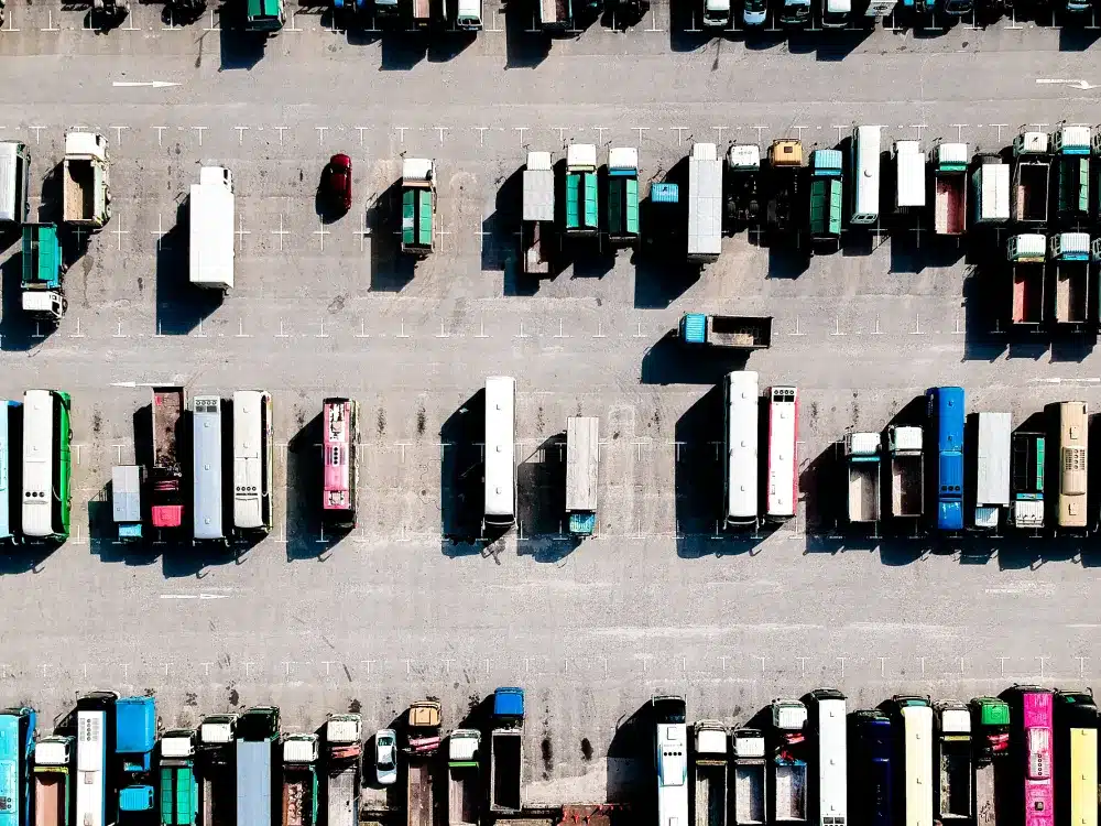 arieal view of trucks in a parking lot