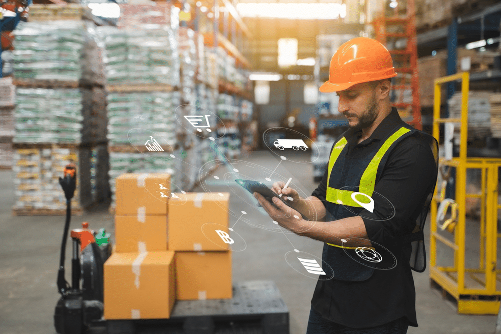 warehouse worker on tablet