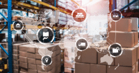 warehouse with icons showing supply chain management process