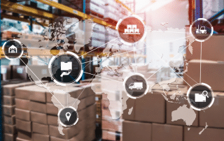 warehouse with icons showing supply chain management process