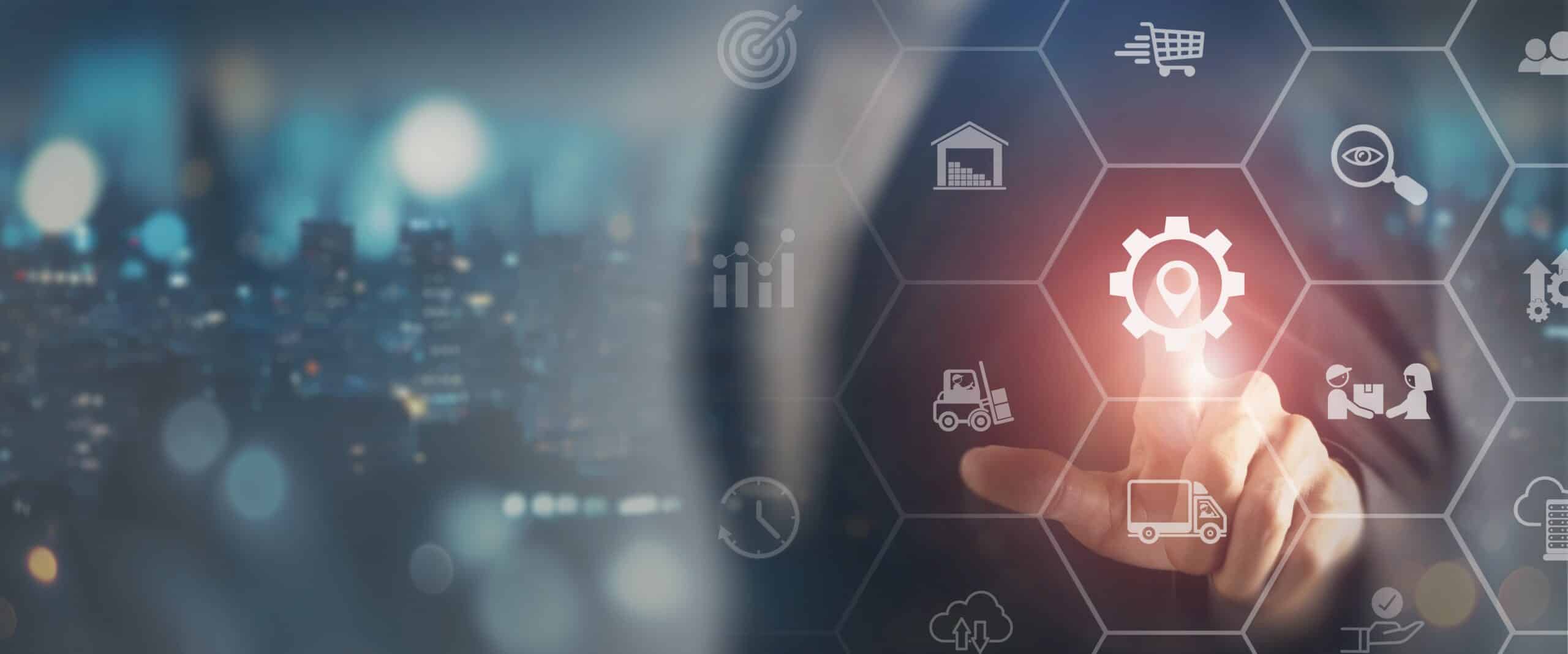 person touching a button with different icons showing different warehouse processes