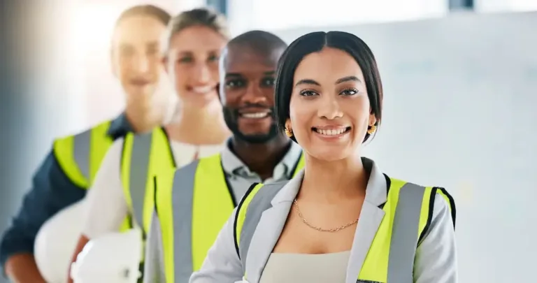 smiling workers of different warehouse positions
