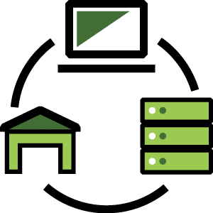 warehouse, server, and computer connected in a circle