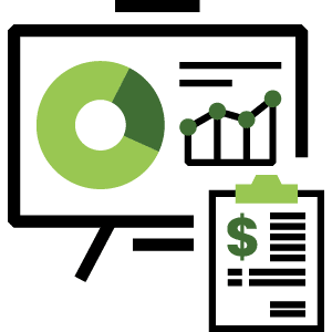 easel with charts and graphs and a clipboard with a dollar sign