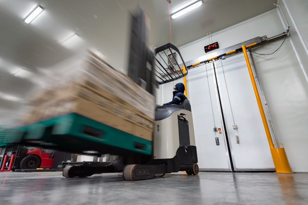 forklift in cold storage warehouse