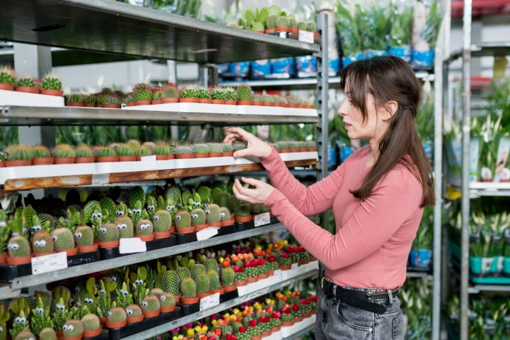 young-woman-shopping for cactuses-in-plant-nursery woman looking at cactuses at a nursery