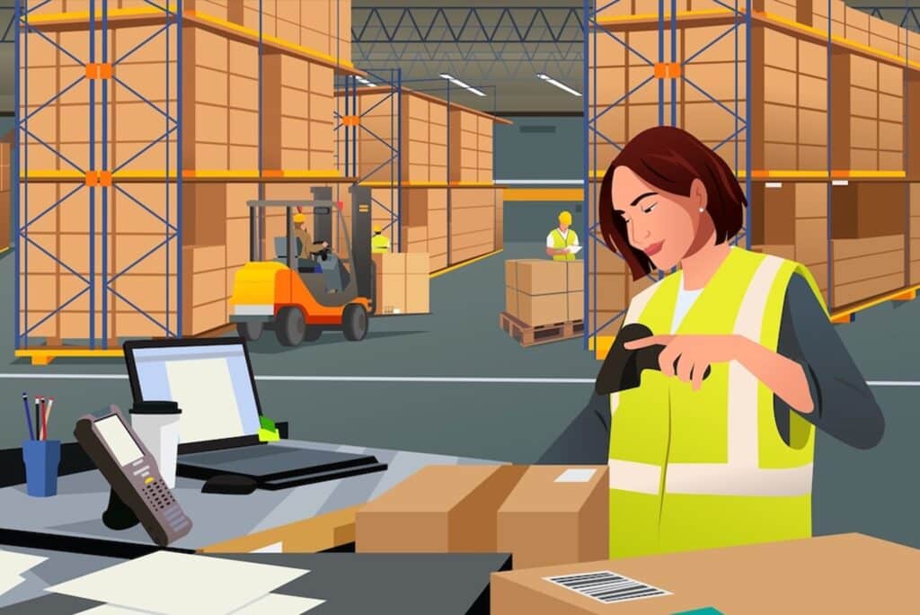 warehouse worker scanning a box in a warehouse