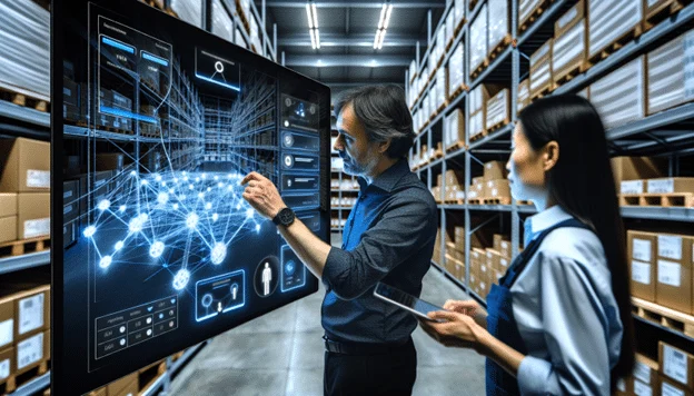 Two warehouse managers analyzing digital slotting optimization dashboard with inventory network visualization