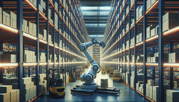 robot arm in the middle of a warehouse aisle surounded by a forklift, and carts with boxes