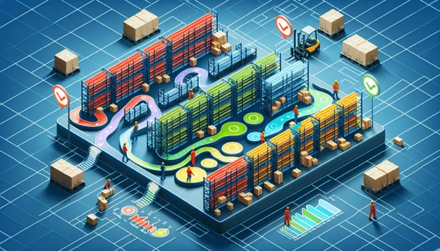 Isometric warehouse layout with color-coded slotting paths and inventory management system