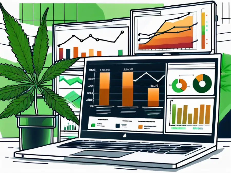 Cannabis inventory management software dashboard displaying charts, graphs, and analytics on laptop screen