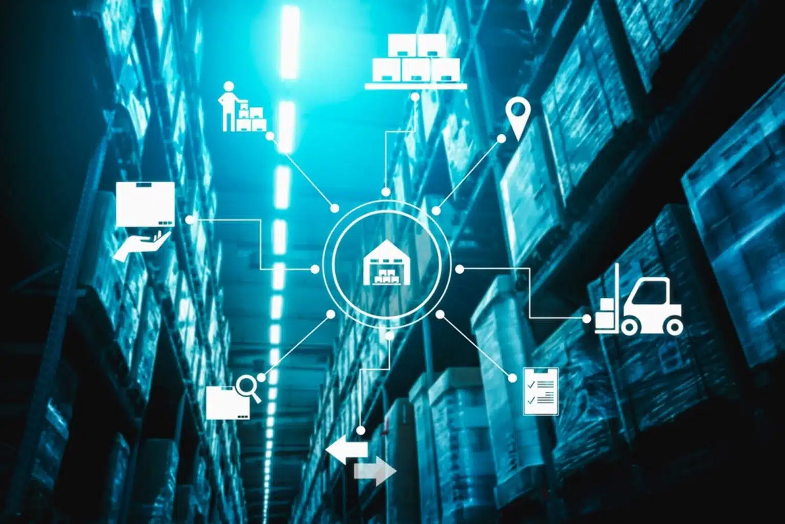 a warehouse full of boxes overlaid with warehouse process icons