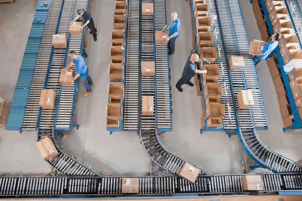 3 different conveyors with boxes and warehouse workers scanning box labels