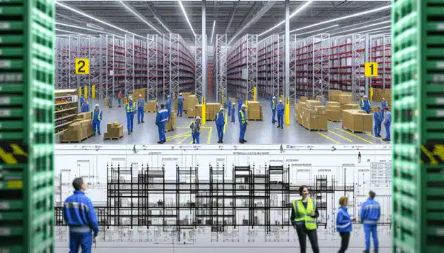 split sceen top a warehouse with workers and boxes in front of warehouse shelving the bottom an architectural drawing of shelving with workers in front of it