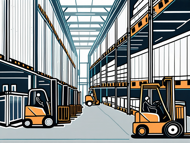 warehouse aisle with workers moving boxes with forklifts