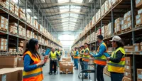 "Workers scan picking labels on packages in a well-lit, modern warehouse."