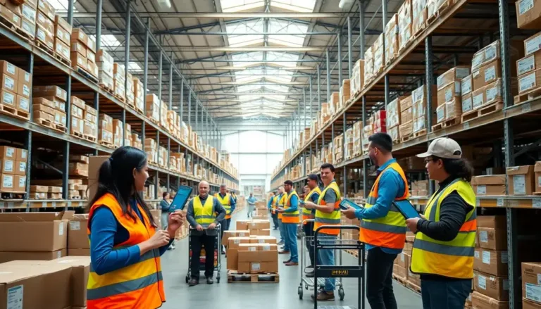 "Workers scan picking labels on packages in a well-lit, modern warehouse."