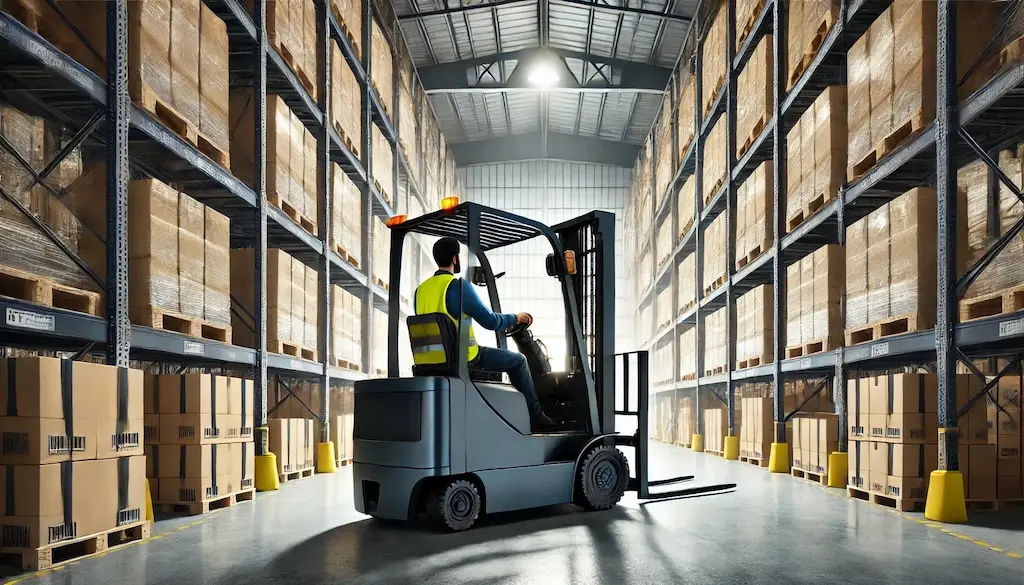 worker on forklift in warehouse aisle