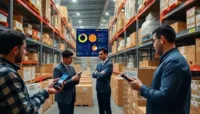 "Workers using handheld devices for consumable inventory tracking in a modern warehouse."