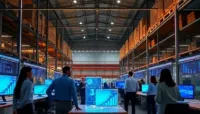 "HR professionals using AI-driven holographic displays and interfaces in a futuristic office."