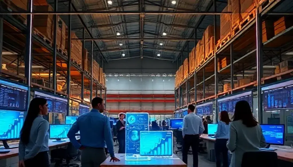 "HR professionals using AI-driven holographic displays and interfaces in a futuristic office."