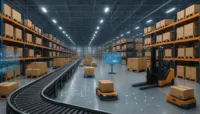 "Modern warehouse with wms integration featuring robotic forklifts and conveyor belts among organized inventory."