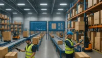 "Staff using RFID readers in a warehouse with automated inventory tracking system."