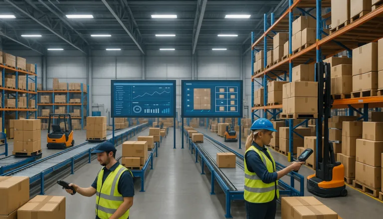 "Staff using RFID readers in a warehouse with automated inventory tracking system."