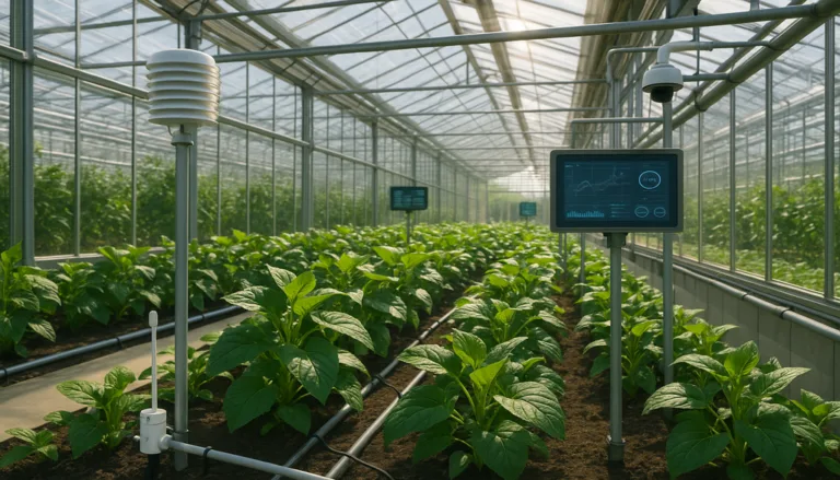 "High-tech greenhouse with advanced sensors and automated irrigation, showcasing lush plants in a green industry setting."