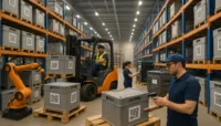 "Workers scanning QR codes for asset tracking in a modern, bustling warehouse."