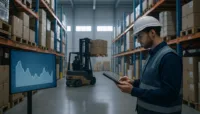 "Forklift operator and supervisor monitor safety stock in a modern, well-lit warehouse."