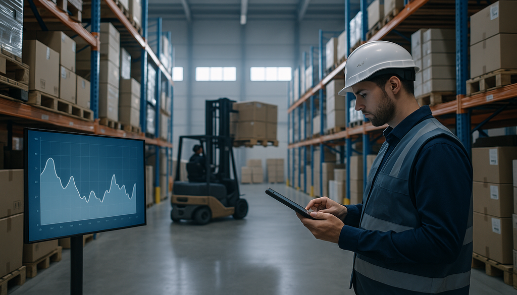 "Forklift operator and supervisor monitor safety stock in a modern, well-lit warehouse."