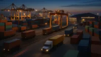 "Semi-trucks and cranes manage drayage at a busy ocean port at dusk."