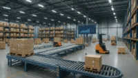 "Modern warehouse with automated conveyors and forklifts under bright lights displaying inventory valuation data."