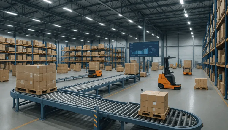 "Modern warehouse with automated conveyors and forklifts under bright lights displaying inventory valuation data."