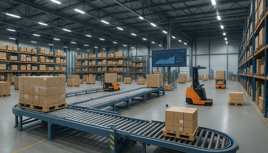 "Modern warehouse with automated conveyors and forklifts under bright lights displaying inventory valuation data."