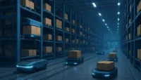 "Last Mile Warehouse Orchestration with robotic shuttles and autonomous robots in a futuristic setup."