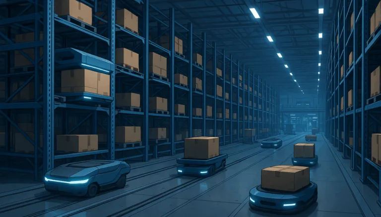 "Last Mile Warehouse Orchestration with robotic shuttles and autonomous robots in a futuristic setup."