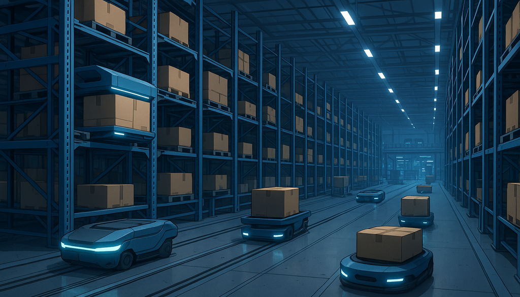 "Last Mile Warehouse Orchestration with robotic shuttles and autonomous robots in a futuristic setup."