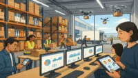 "Modern distribution center blending traditional and digital managing sales channels with active packing and online monitoring."