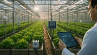 "Technician using greenhouse growers software to monitor crops with automated systems and LED lighting."