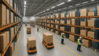 Automated guided vehicles and workers inspect business cost calculation in a modern, well-lit warehouse.