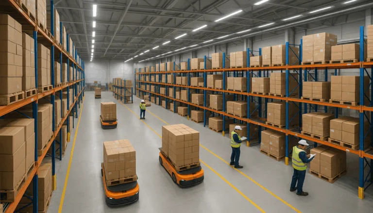 Automated guided vehicles and workers inspect business cost calculation in a modern, well-lit warehouse.